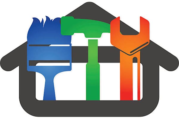 A graphic of a house with a paintbrush, hammer, and wrench.